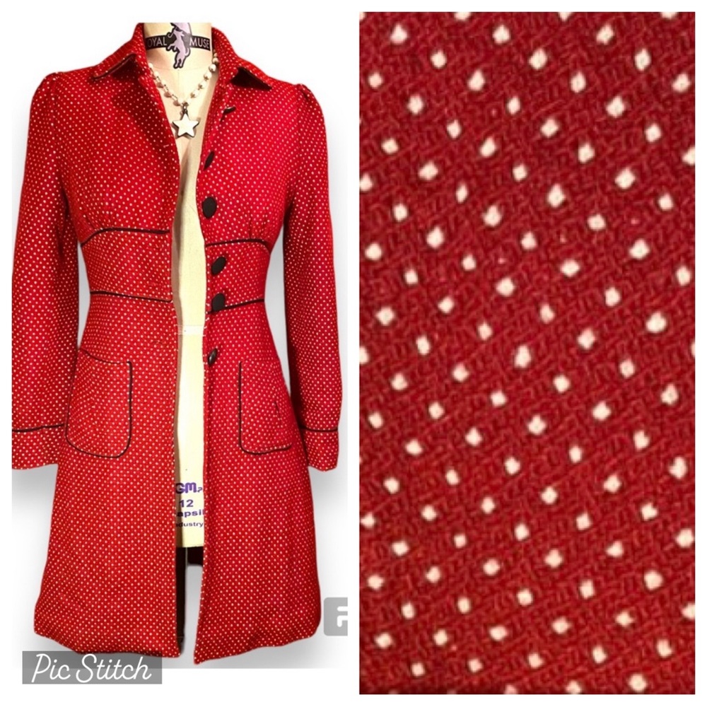 Elegant Vintage Style Knee Length Coat | Swiss Dot Style Wool Blend Fabric.